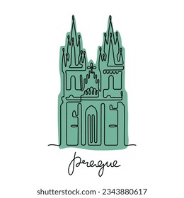 Iglesia de Nuestra Señora antes de Tyn, Praga. Ilustración vectorial colorida de línea continua.