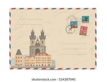 Church of Our Lady before Tyn, Prague. Postal envelope with famous architectural composition, postage stamps and postmarks vector illustration. Czech postal services. Envelope delivery