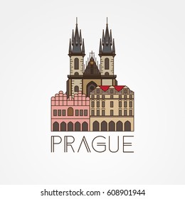 Church of Our Lady before Tyn - The symbol of Prague, Czech Republic. Modern linear style. One line concept. Editable stroke