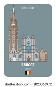 Church of Our Lady in Brugge, Belgium. Architectural symbols of European cities. Colorful vector 