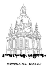 church of our lady - Dresden, Germany. Sketch of the famous church with tourists.