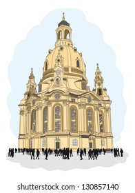 church of our lady - Dresden, Germany. Sketch of the famous church with tourists.