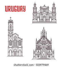 Church of Our Lady of Sorrows, Cathedral Basilica of Saint John the Baptist, Sagrada Familia Capilla Jackson. Historic famous architectural buildings of Uruguay. Vector thin line icons