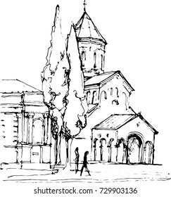 Church Outline Hand Drawn Ink Sketch Stock Vector Illustration