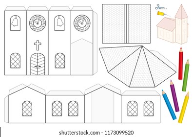 Church Paper Craft Sheet. Unpainted Cut-out Template For Children For Coloring And Making A 3d Scale Model Church With Steeple, Nave, Roofs, Stained Glass Windows, Door, Cross, Belfry, Tower Clock.