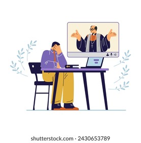 Church pastor communicates with a parishioner online. Home Church and Online Preaching concept, flat cartoon vector illustration isolated on white background.