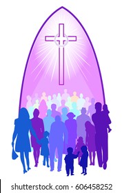 Church people of all ages and ethnicity in colorful silhouettes, gathering below a brightly shining cross with a crown of thorns, under an arch representing a church.