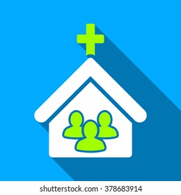 Church People long shadow vector icon. Style is a flat light symbol with rounded angles on a blue square background.