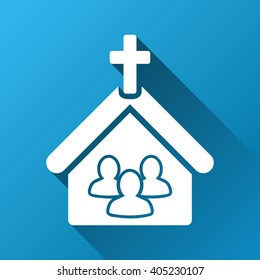 Church People vector toolbar icon for software design. Style is a white symbol on a square blue background with gradient long shadow.