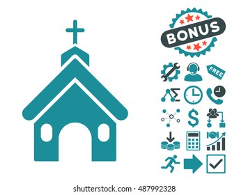 Church pictograph with bonus design elements. Vector illustration style is flat iconic bicolor symbols, soft blue colors, white background.