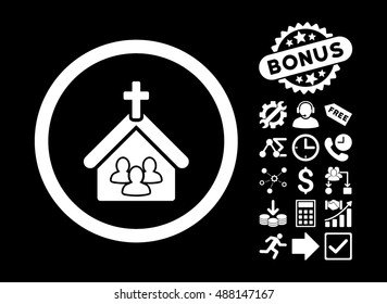Church pictograph with bonus elements. Vector illustration style is flat iconic symbols, white color, black background.