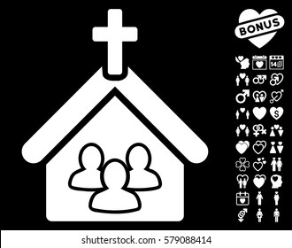 Church pictograph with bonus lovely clip art. Vector illustration style is flat iconic white symbols on black background.