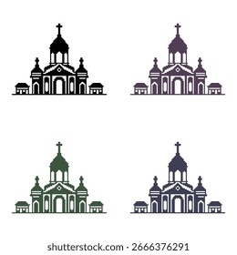 Church Pixel Art Vector Set in black, purple, green and deep blue on white background