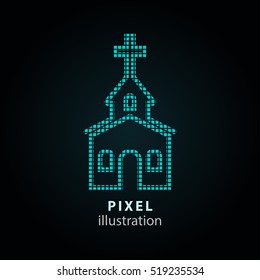 Church - pixel icon. Vector Illustration. Design logo element. Isolated on black background. It is easy to change to any color.