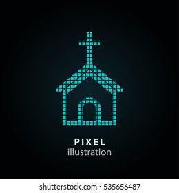 Church - pixel icon. Vector Illustration. Design logo element. Isolated on black background. It is easy to change to any color.
