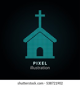 Church - pixel icon. Vector Illustration. Design logo element. Isolated on black background. It is easy to change to any color.
