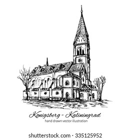 The Church of Queen Luisa, Luizenvahl, Landmark of the city of Kaliningrad, Russia, Is main symbol of the Konigsberg, Vector hand drawn ink urban sketch isolated on white, Historical building line art