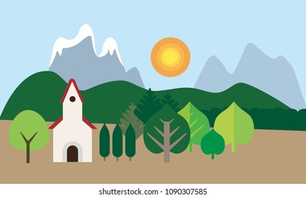 Church with red roof among trees, mountain landscape under blue sky with sun - vector, flat design