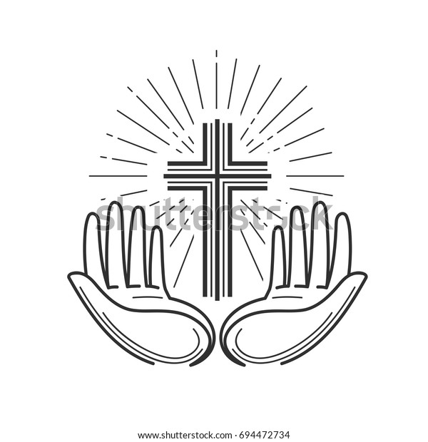 教会 宗教のロゴ 聖書 十字架 十字架 祈りのアイコン またはシンボル 線形デザイン ベクターイラスト のベクター画像素材 ロイヤリティフリー