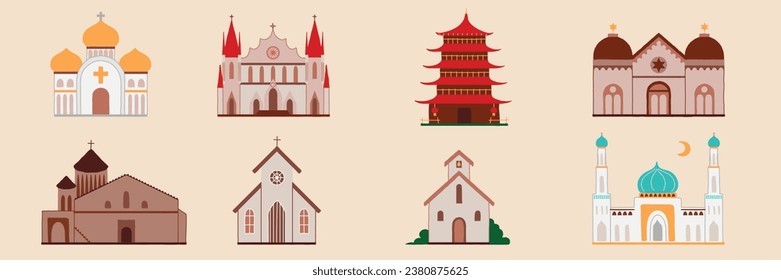 Church religious building set. Mosque, temple, synagogue, cathedral, orthodox, chapel, monastery. Hand drawn style vector illustration.
