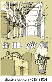 Church in Rome (Basilica di Sant'Agnese fuori le mura): illustration of interior, exterior and detail of capital