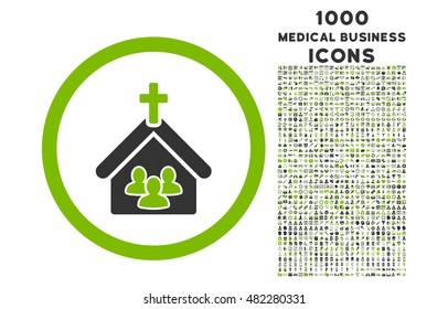 Church rounded vector bicolor icon with 1000 medical business icons. Set style is flat pictograms, eco green and gray colors, white background.