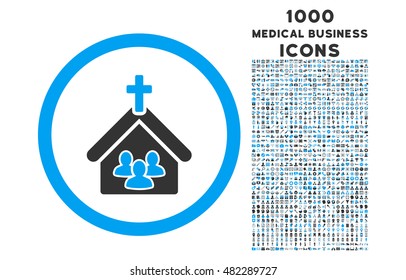 Church rounded vector bicolor icon with 1000 medical business icons. Set style is flat pictograms, blue and gray colors, white background.