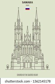 Church of the Sacred Heart in Samara, Russia. Landmark icon in linear style