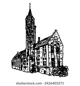 The church of Saint Sebastian's Guild in Bruges, West Flanders, Belgium. Hand drawn linear doodle rough sketch. Black and white silhouette.