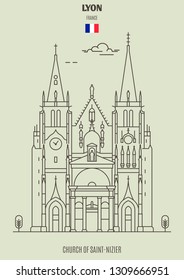 Church of Saint-Nizier in Lyon, France. Landmark icon in linear style