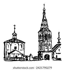 Church of Saints Boris and Gleb in Kideksha, Suzdal, Russia. Old Russian Orthodox temple. Hand drawn linear doodle rough sketch. Black and white silhouette.