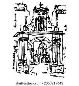 Church of San Francisco in Córdoba or Cordova, Spain. Historical architectural urban view. Hand drawn linear doodle rough sketch. Black ink silhouette on white.