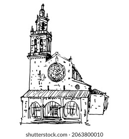 Church of San Lorenzo in Córdoba, Spain. Hand drawn linear doodle rough sketch. Black silhouette on white background.