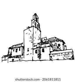 The Church of San Pedro in Córdoba or Cordova, Spain. Hand drawn linear doodle rough sketch. Black ink silhouette on white.