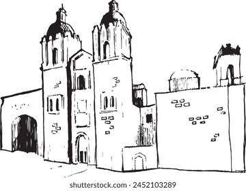 Church of Santo Domingo de Guzman ink illustration. Architecture ink sketch. Building structure vector black and white drawing isolated. 