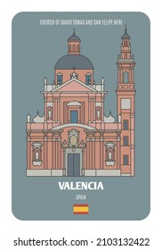 Church of Santo Tomas and San Felipe Neri in Valencia, Spain. Architectural symbols of European cities. Colorful vector 