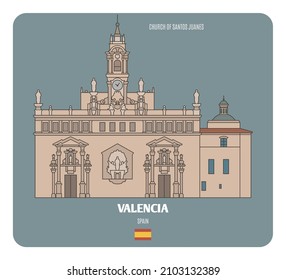 Church of Santos Juanes in Valencia, Spain. Architectural symbols of European cities. Colorful vector 
