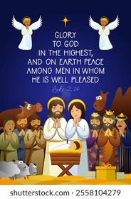 Church sermon advertisement, X mas poster, religious banner with nativity scene. Three shepherds and 3 kings, Mother Mary with Joseph. Baby Jesus lying in a stable, cartoon style A 4 isolated vertical