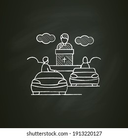 Church service chalk icon. People listen to priest drive-in concept. Car near small church. Chapel services for drivers. Isolated vector illustration on chalkboar