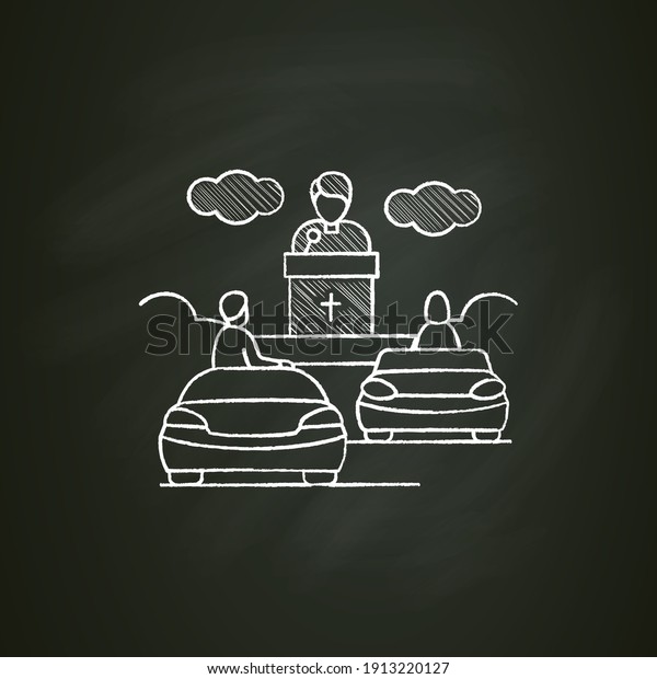 Church service chalk icon.\
People listen to priest drive-in concept. Car near small church.\
Chapel services for drivers. Isolated vector illustration on\
chalkboar