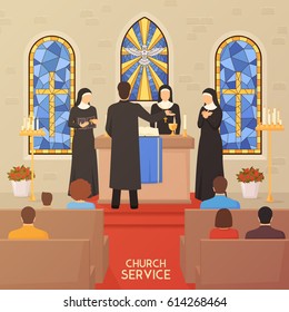 Church service communal worship christian traditions and religious ceremony flat poster with priest nuns and bible  vector illustration 