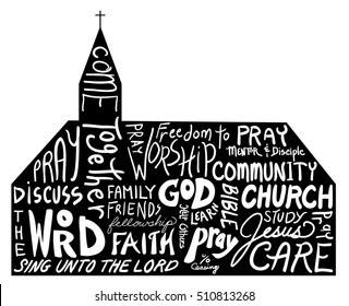 Church shape with word cloud typography style design, white hand written text on black church background with steeple isolated on white background, religious or inspirational symbol, Church vector