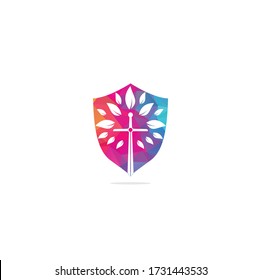 Church shield shape concept logo. Christian church cross tree logo. Christian Sword Church Cross logo design.