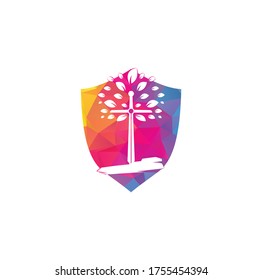 Church shield shape concept logo. Christian church cross praying tree logo. Christian Sword Church Cross logo design.