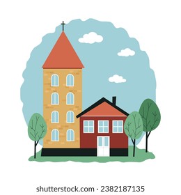 Church and a small house, trees around. Religious temple. European style. Vector illustration in flat style.