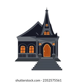 Church with spire in flat style. Halloween spooky dark house. Cartoon gothic architecture. Vector illustration.