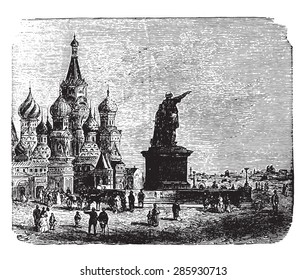 Church Of St. Basil In Moscow, Vintage Engraved Illustration. Industrial Encyclopedia E.-O. Lami - 1875.
