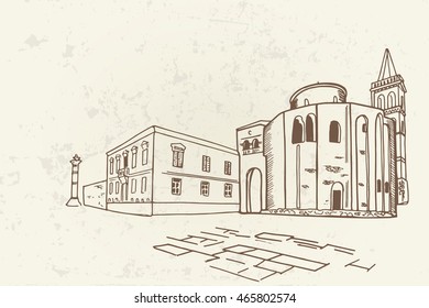 Church of St. Donat, Zadar, Croatia. Vector sketch.. Retro style.