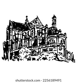 The Church of St. Eustache in Paris, France. French architecture. Medieval castle. Hand drawn linear doodle rough sketch. Black silhouette on white background.