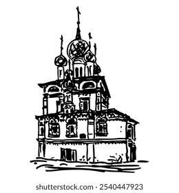 Igreja de São João Batista em Uglich, Rússia. Templo ortodoxo. OLd Arquitetura russa. Desenhado à mão linear rabiscar esboço bruto. Silhueta em preto e branco.